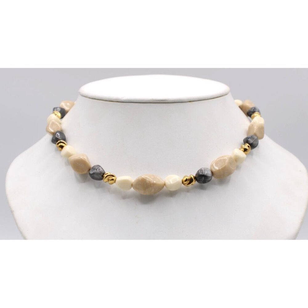 Trifari TM Stone Beaded Necklace Gold-Plated Tans Gray Cream White Classic Vtg